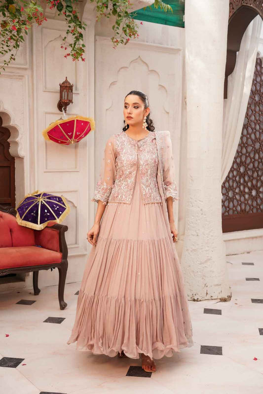 Embroidered Chiffon Tiered Koti Frock